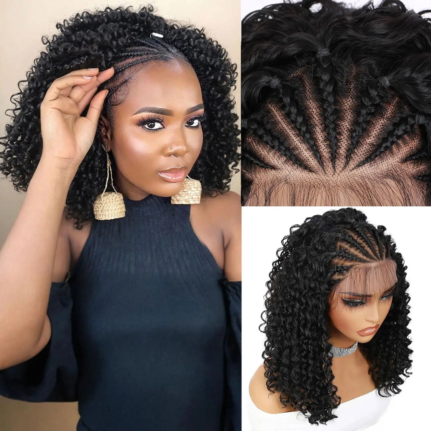 Cornrow Braided Wig with Curly Deep Wave – HD Lace Front Wig with Baby Hair | Natural Looking Synthetic Braided Wig for Women