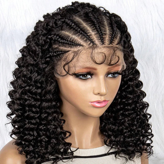 Cornrow Braided Wig with Curly Deep Wave – HD Lace Front Wig with Baby Hair | Natural Looking Synthetic Braided Wig for Women